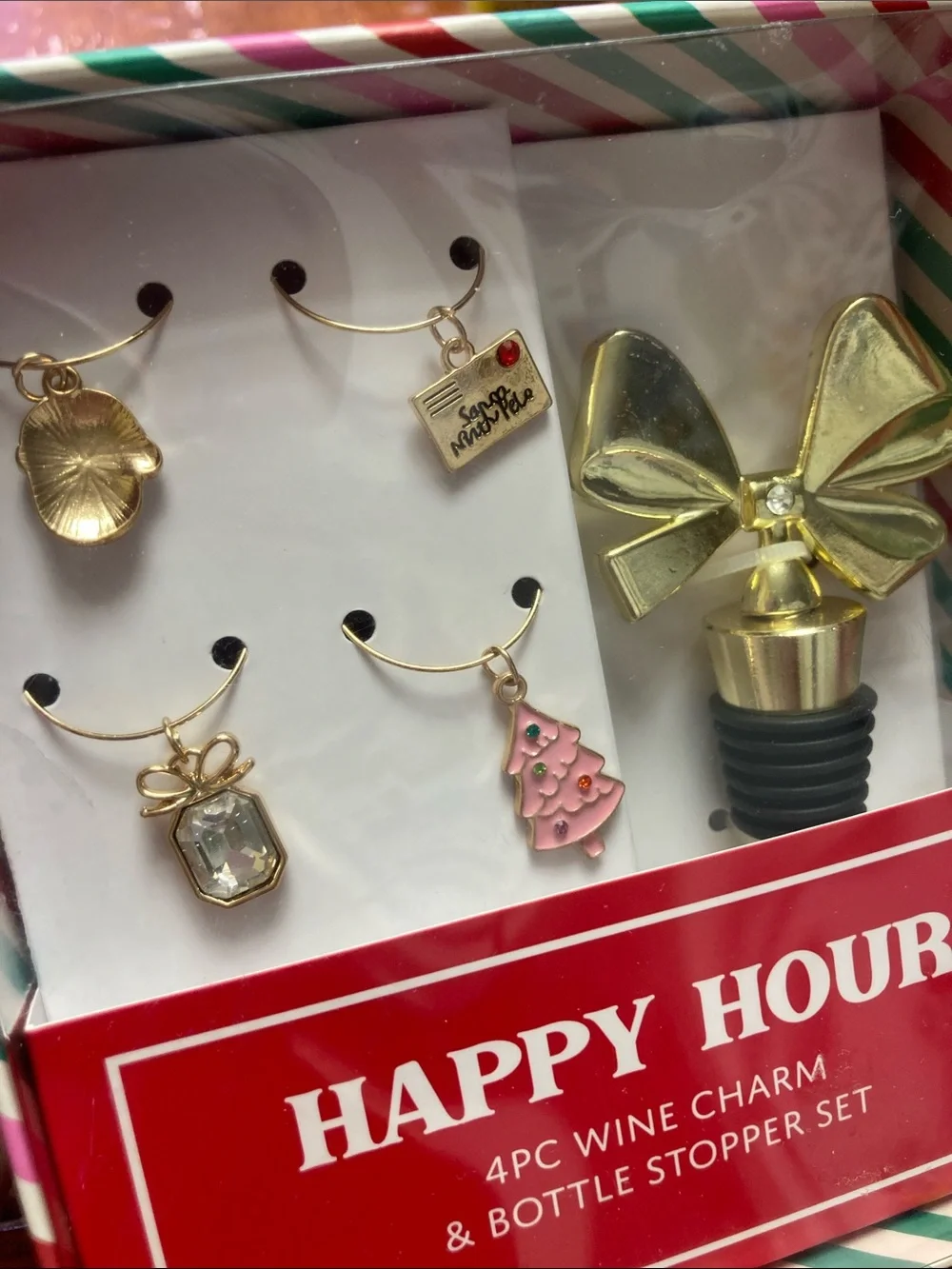 Happy Hour 4pc Wine Charm & Gold Bow Bottle Stopper Set